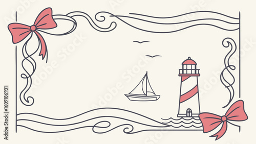 Illustration of a nautical scene with a lighthouse sailboat and decorative bows in a framed border