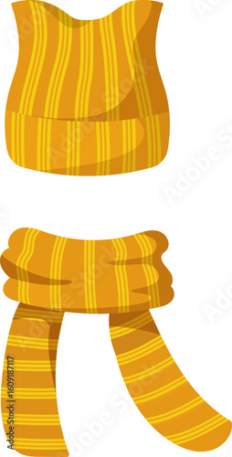 Winter clothes woolen accessories set including a knitted hat and striped scarf protecting from cold weather, keeping warm in winter, vector illustration isolated on white background