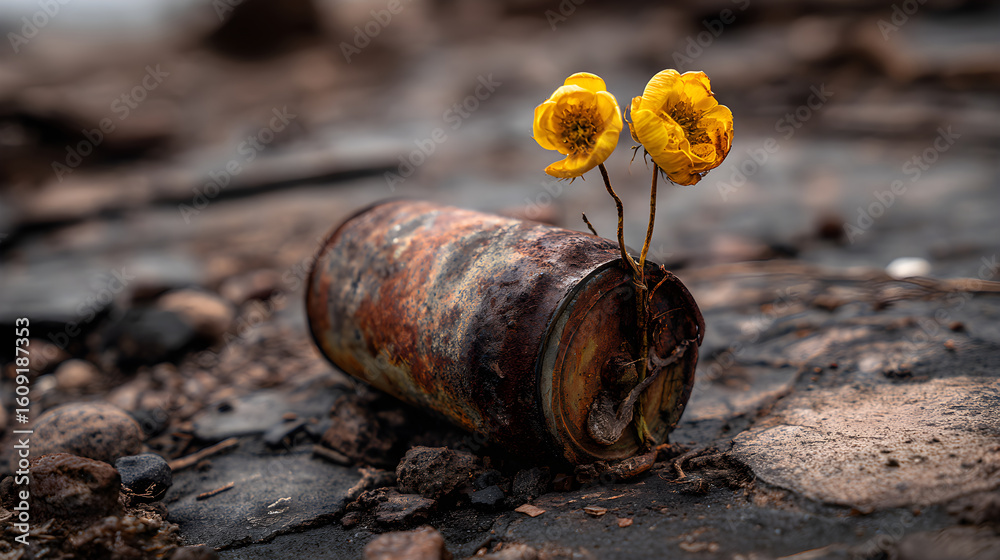 Obraz premium Wilted Flower in Rusty Can: Symbol of Fragile Hope Amidst War-Torn Ruins
