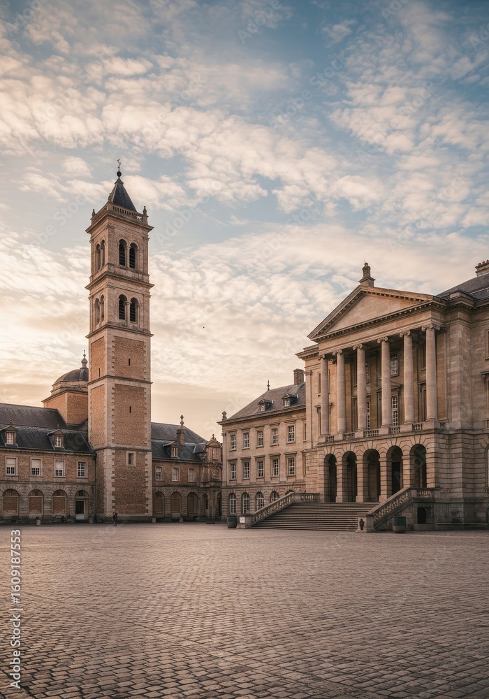 Fototapeta premium Historic courtyard with a towering bell tower under a cloudy sky.