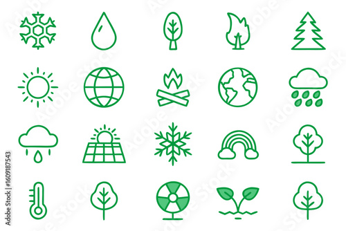 Comprehensive collection of editable climate change icons illustrating environmental issues and solutions in various colors