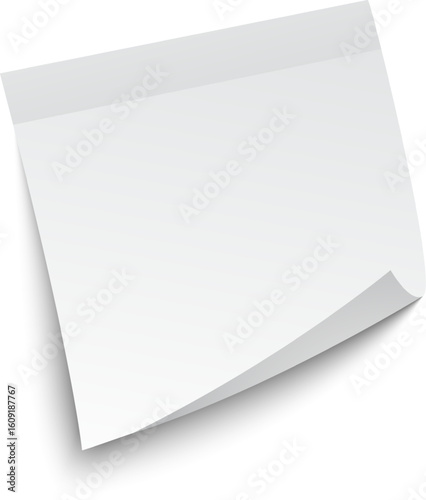 White sticky note with adhesive strip and curled corner casting a slight shadow on white background, ideal for showcasing messages, reminders, or ideas