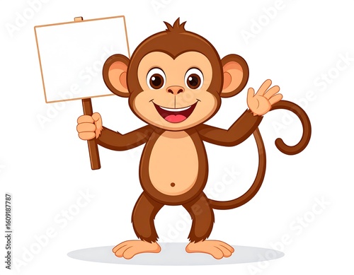 Cartoon monkey cheerfully waving with a blank sign ready for your personalized message
