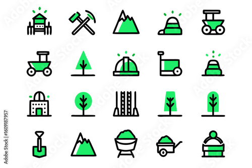 A comprehensive collection of adaptable graphic elements depicting the industrial process of extracting valuable carbonaceous rock from the earth s crust