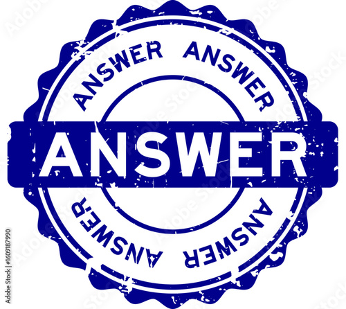 Grunge blue answer word round rubber seal stamp on white background