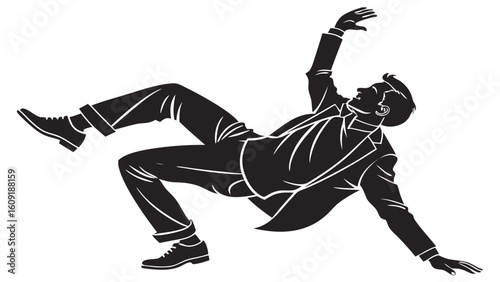 Silhouette of a man in a suit falling backwards with arms and legs outstretched in a dramatic pose