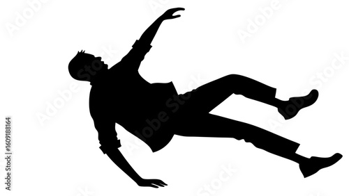 Silhouette of a man falling backwards with arms and legs outstretched in a dramatic pose on white