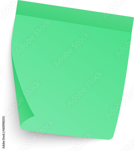 Blank green sticky note featuring a curled corner, providing ample space for jotting down reminders, messages, or ideas. Isolated against a clean white background, enhancing focus