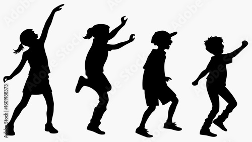 Silhouette of four children in dynamic poses running jumping and reaching with arms raised on a white background