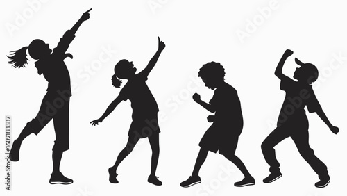 Silhouette of four children pointing and cheering with dynamic poses against a white background