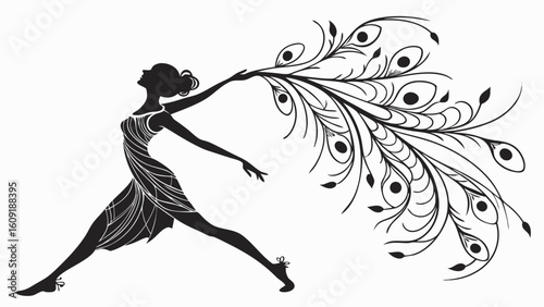 Silhouette of a woman dancing with peacock feathers in black and white elegant vintage art deco style