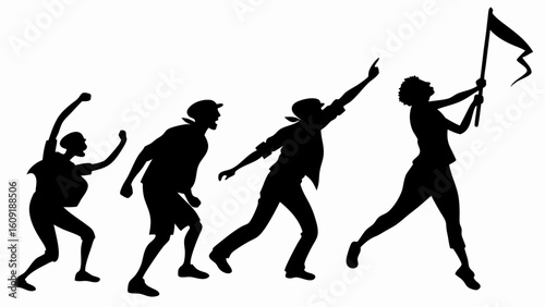 Silhouette illustration of a group of people running and protesting with a flag in their hands and pointing