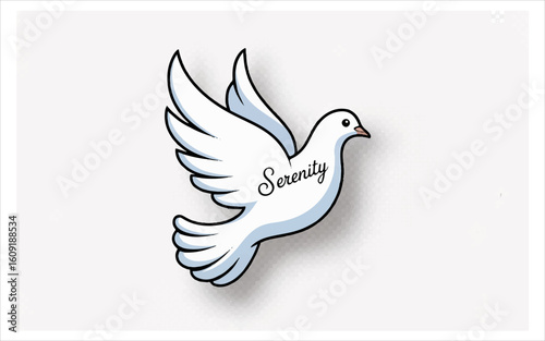 White dove flying with serenity written on wing bird
