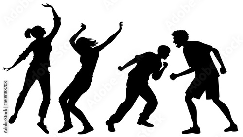 Silhouettes of four people two women dancing and two men arguing in black and white vector illustration