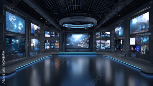 Empty high tech virtual studio featuring numerous large illuminated screens displaying diverse digital data and visuals