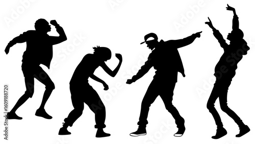 Silhouettes of four figures in dynamic poses suggesting movement or dance on a white background scene