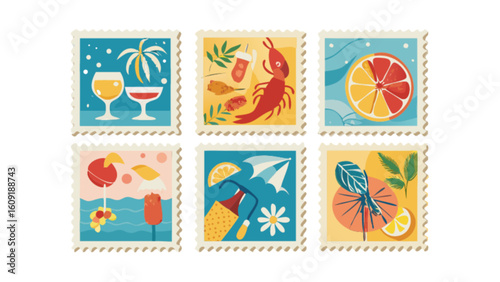 Collection of six summer themed postage stamp designs featuring drinks food and beach elements artfully styled