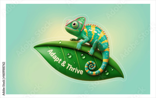 Green chameleon perched on a leaf with dew drops yellow orange