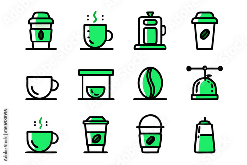 Comprehensive collection of coffee themed line art icons for beverage businesses and cafes offering a variety of customizable graphics