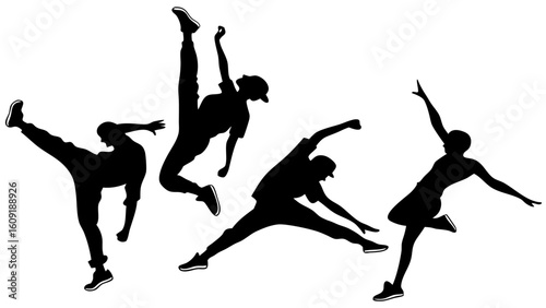 Silhouettes of people in dynamic poses performing various dance moves and acrobatic stunts in black color