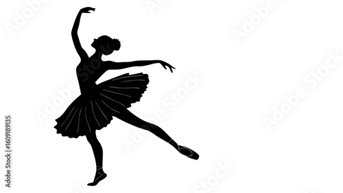 Silhouette of a ballerina in a tutu performing a graceful arabesque against a white background dance art