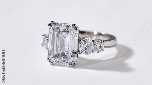 Emerald cut diamond ring with side stones on white studio background elegant luxury engagement jewelry product showcase