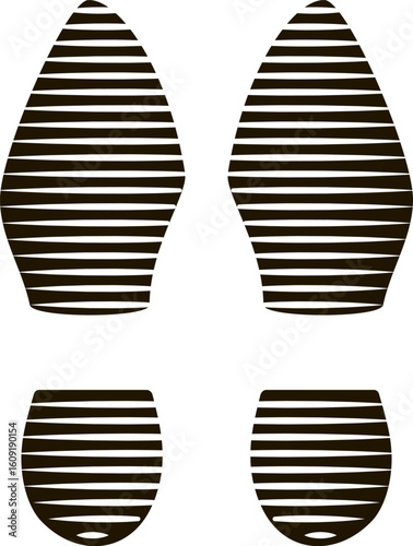 Black and white shoe prints with a striped pattern representing walking forward and standing still, symbolizing movement, progress, and stability