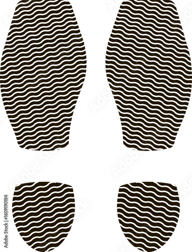 Black shoe prints with wavy pattern representing unique footprint identification, evidence gathering, or forensic science investigation on isolated white background