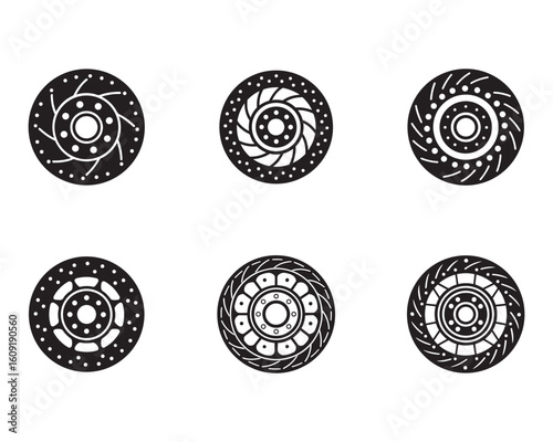 Collection of Six Unique Car Brake Rotor Designs on a Clean White Background Ideal for Automotive Concepts