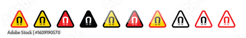A row of magnetic field warning signs in different colors and styles vector