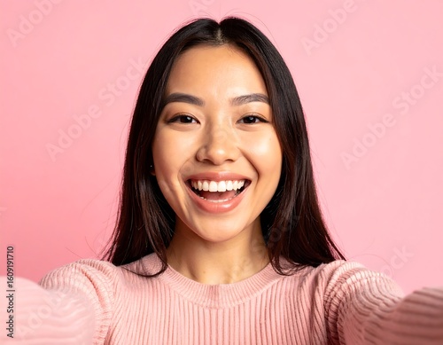 Cheerful asian woman taking a selfie, happy expression and pink studio background