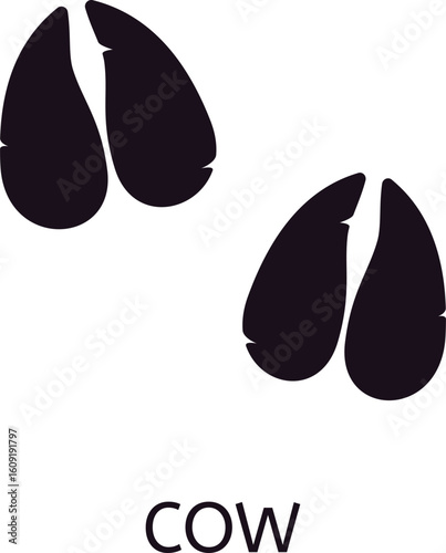 Black silhouette depicting two cow footprints walking across a white background, illustrating direction and movement. Perfect for conveying themes of agriculture and rural life