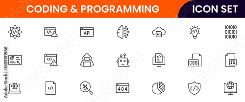 Coding and programming vector line icons featuring code brackets, laptops, bugs, debugging, algorithms, developers, software, scripts, and tech workflows.