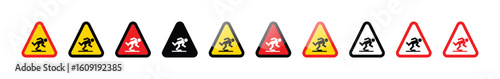 Collection of triangular warning signs indicating a tripping hazard ahead