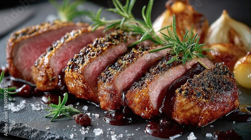 Seared Beef Steak with Wine Reduction and Garlic on Charcoal Slate in Minimalist Culinary Layout