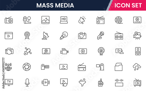 Mass media vector line icons featuring newspapers, microphones, cameras, TV screens, broadcasting, social media, journalism, communication, and news distribution symbols.