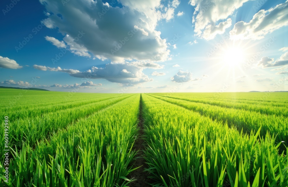 Obraz premium Lush green crop field under bright sunlight with a clear sky and scattered clouds
