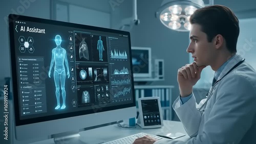 Doctor interacting with AI assistant on a large screen in a modern medical facility, analyzing data