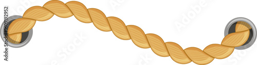 Long twisted rope connecting two metal rings, hanging and swinging freely in the air, forms an appealing curve that enhances visual interest and adds a decorative touch