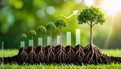 Small trees grow progressively taller on increasing soil bars with visible roots, symbolizing growth and progress under bright sunlight.