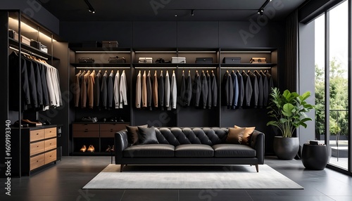 Modern, luxurious walk-in closet with seating area