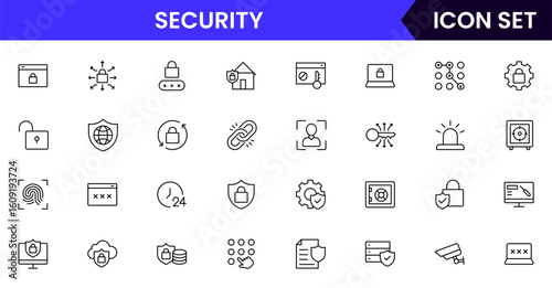 Security vector line icons featuring locks, shields, keys, cameras, alarms, passwords, guards, access control, protection, and surveillance technology symbols.
