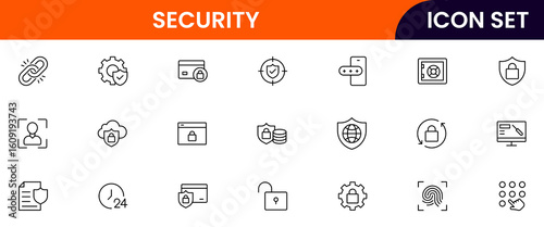 Security vector line icons featuring locks, shields, keys, cameras, alarms, passwords, guards, access control, protection, and surveillance technology symbols.