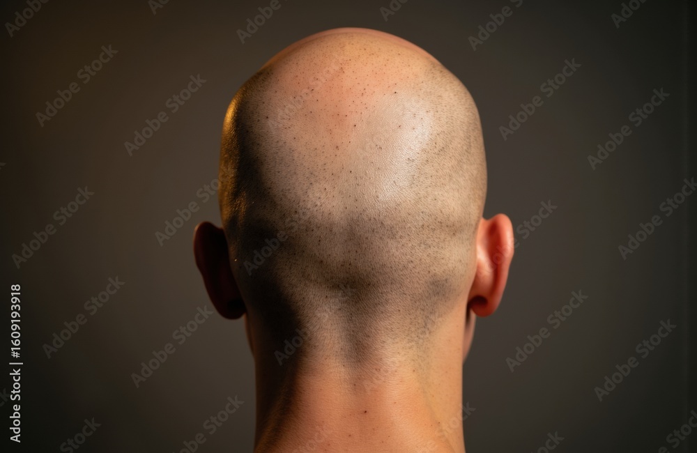 Naklejka premium Close-up of the back of a bald man's head with smooth skin and natural skin tone