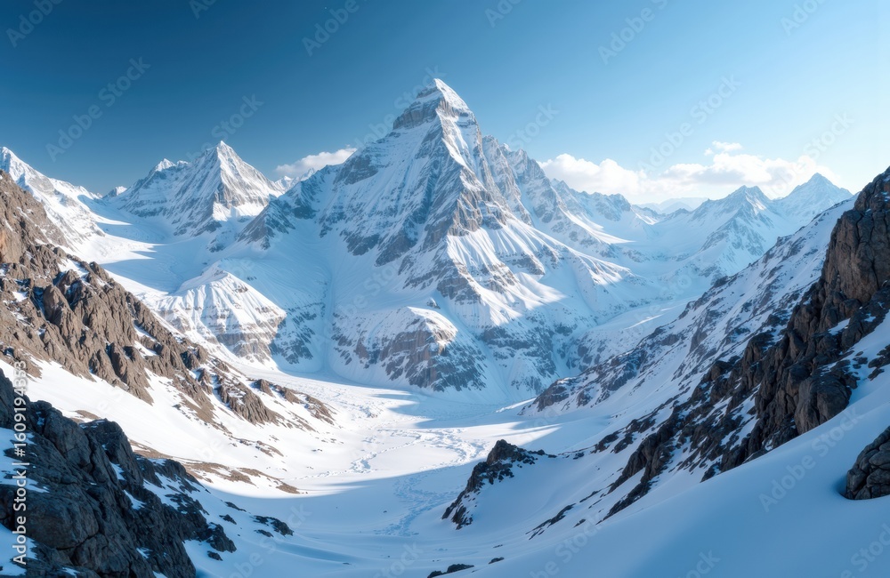 Fototapeta premium Majestic snow-covered mountain peak towering over rugged alpine landscape