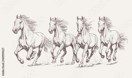 Detailed hand drawn sketch of four running horses galloping together with flowing manes in vintage engraving style vector illustration artwork