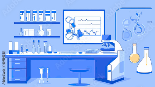Flat minimalist vector illustration of medical laboratory workspace with microscope test tubes glassware and heart rate monitor screen in blue color scheme