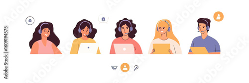 Diverse male female customer support operators wearing headsets working with laptops and tablets online helpdesk concept flat vector illustration