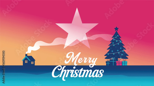 Warm Gradient Christmas Greeting with Cursive Text, Tree, and Cozy House