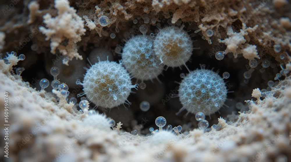 Fototapeta premium Host cells with spores (mold) are inside wood under the microscope for education.